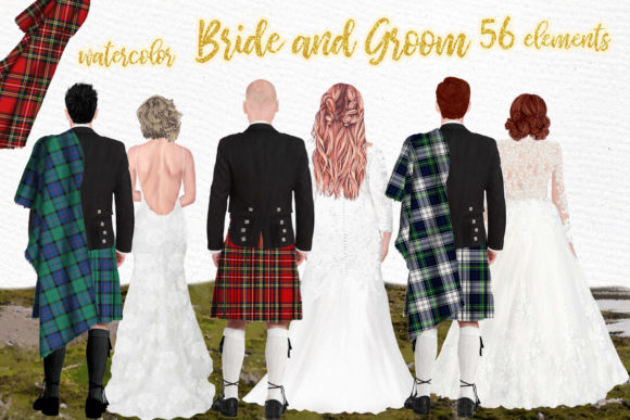 Charming Watercolor Wedding Clipart: Men in Kilts & More
